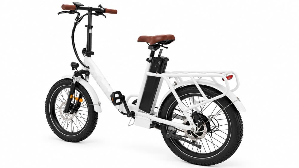 HISPEED F6 — Bicicleta dobrável, E-bike dobrável de 20" com motor de 350W, bateria 48V 13.5Ah, suspensão dianteira e bagageiro traseiro.